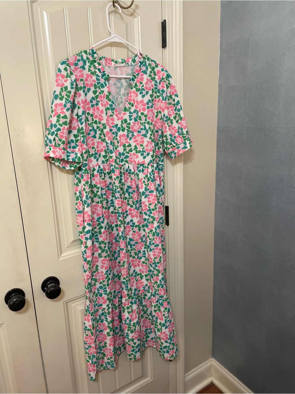 Floral Pink & Green V-Neck Maxi Dress